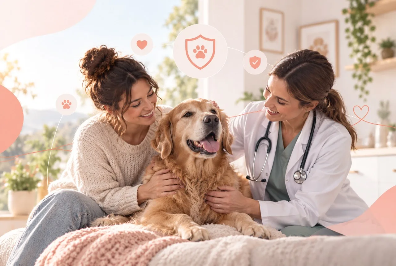 Owner and veterinary professional sitting beside a golden-colored dog during a calm consultation