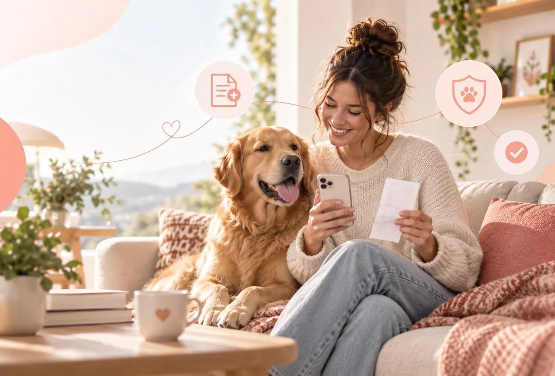 Owner holding a phone and paper beside a dog on a sofa